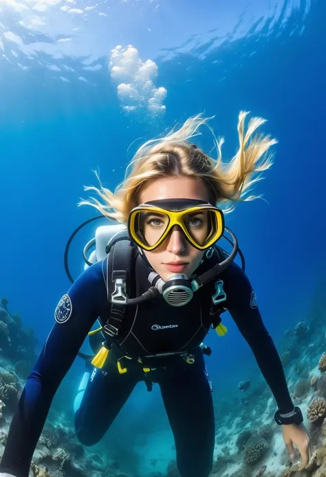 During the diving course，There is a lady wearing a diving suit and goggles, Instagram, A diver on the seabed, A diver on the seabed, old scuba, GoPro shooting, Abandoned diving mask, Underwater perspective, 3 6 0 capture, amanda clarke, Underwater shooting...