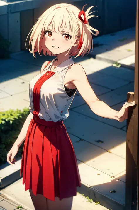 chisatonishikigi, Chisato Nishikigi, Short Hair, bangs, blonde,Bobcut, White hat(Red eyes:1.5),  Hair Ribbon,One side up,happy smile, smile, Open your mouth,smile,blush,Red sleeveless dress,White long skirt,Bare arms,Rocket Pendant,Cute Sandals,real summer...