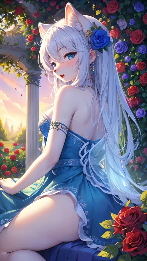 (fluffy anthro furry :1.3),snow leopard girl,open mouth,A sea of blue roses emerges in a vivid and enchanting garden, bathed in the soft glow of the setting sun. The roses glisten with delicate dewdrops, their vibrant blue petals beautifully contrasting ag...