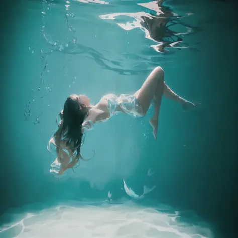 there is a woman floating in water with her legs up, floating underwater, floating in water, submerged in water, underwater photography, Underwater shot, swimming underwater, in water, swimming underwater, floating in the ocean, swim underwater in the lake...