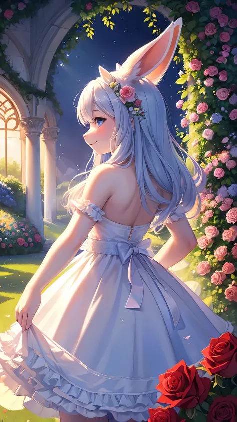 (fluffy anthro furry :1.3),rabbit girl,white rabbit ears,white rabbit tail,white lomg hair,A sea of blue roses emerges in a vivid and enchanting garden, bathed in the soft glow of the setting sun. The roses glisten with delicate dewdrops, their vibrant blu...