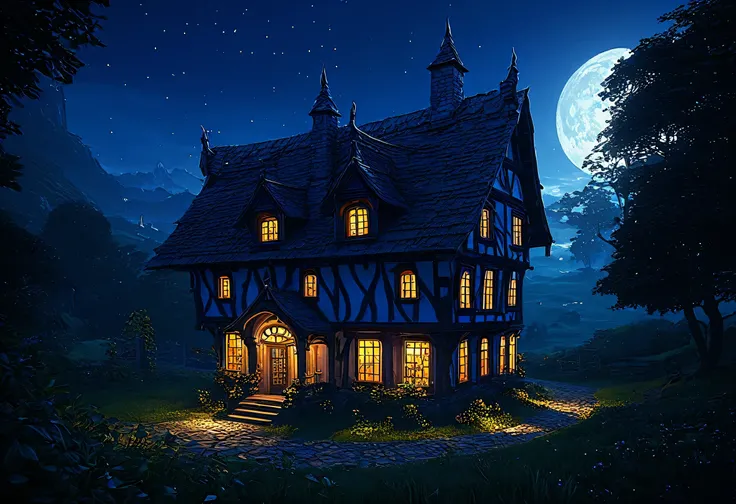 There is a house with many windows that are lit up at night., Beautiful depiction of a fairy tale, realistic Fantasy Rendering, fantasy house, A pleasant and enchanting scene, Inspired by Andreas Rocha, Andreas Rocha Style, ultra detailed fantasy, Fantasy ...