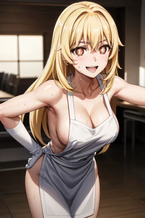 misaki shokuhou, blonde hair, hair between eyes, long hair, (symbol-shaped pupils:1.5), yellow eyes, white gloves, 1girl,18yo,good anatomy, masterpiece, best quality,realistic, hyperrealistic, 16k hdr, indoors, (naked white nike apron:1.2),standing,(sweat)...