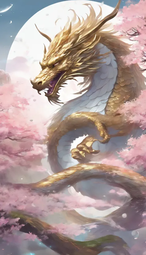 logo、masterpiece、(White Background:1)、Golden Japanese dragon surrounded by white clouds、Pink cherry blossom tree、petal、Wind、god々、Long undulating body、Fantasy、God Story、high quality、Very detailed、masterpiece、Particle Effects、Dynamic Effects、Sun in the backg...