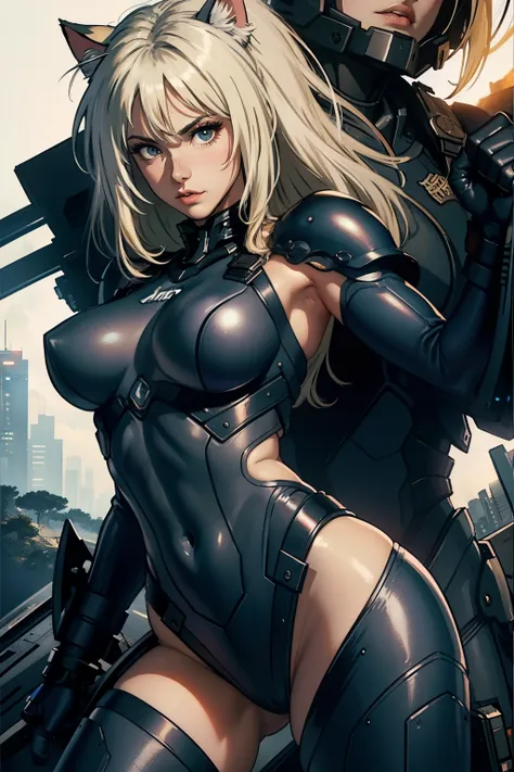 ((highest quality)), ((masterpiece)), (be familiar with), (High definition), 8K, Perfect Face、2Women、Two blonde women with cat ears、((Equipped with a large powered suit))、tall、2 Blonde cat ears、2. Long Hair、2. Volumetric hair style、Large Breasts、Narrow wai...