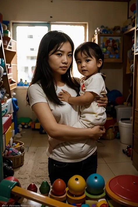 Portrait of a Vietnamese mother, around 30 years old, carrying her 3-year-old  in her arms inside a room filled with many toys.