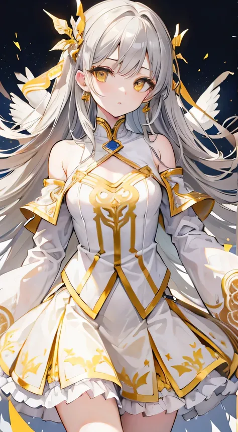 high quality, masterpiece, Very detailed,Long Hair, beautiful girl,Gray Hair,Yellow Eyes,chest,Shoulder Bare,Divine gold and white clothing,Short skirt,Looking at the camera,Flying