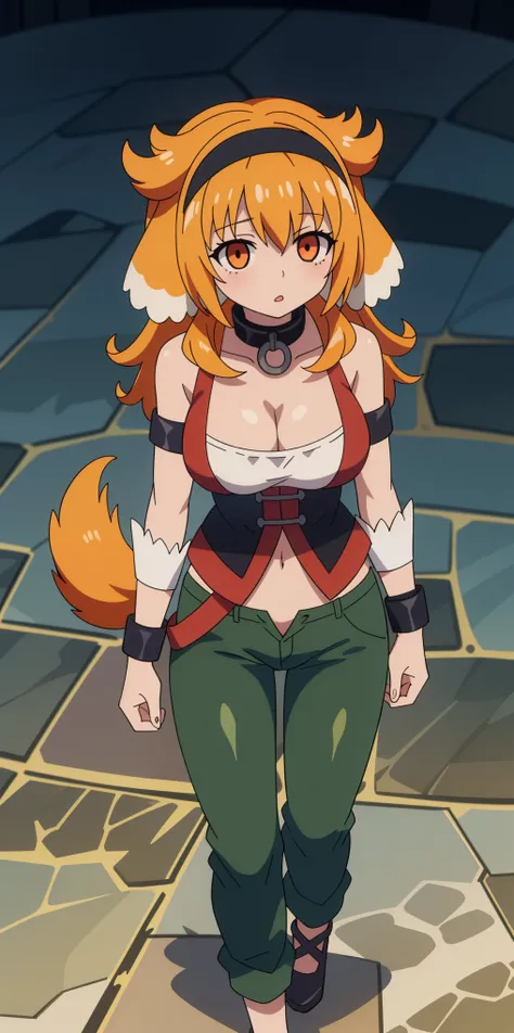 (Roxanne Demin kin 1girl, solo, breasts, large breasts, navel, animal ears, cleavage, tail, hairband, pants, orange hair, collar, dog ears, dog tail, dog girl, black collar, green pants, floppy ears, leather slave collar choker, bracers) (Roxanne | Slave H...