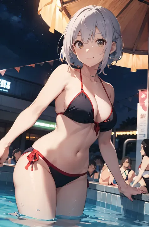 High resolution、Silver hair drawn in Japanese anime style、Silver Haired Girl、Red Bikini､Red Bikini、View of people on swim rings in an empty resort night pool。She is wearing a sexy bikini、Cocktail in hand。The pool is beautifully lit、The surroundings are qui...