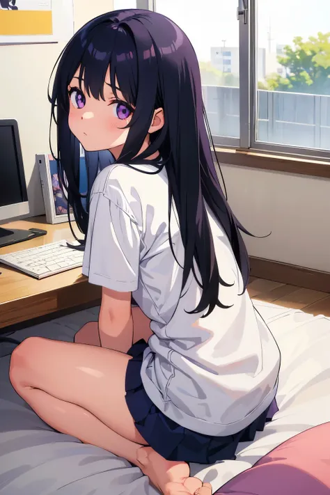 Girl&#39;s Room　8-year-old　Elementary school girl　Flat Chest　Black Hair　Long Hair　Purple Eyes　1 person　White T-shirt on upper body　Navy blue mini skirt　　（（White panties are visible））　Sitting　Dynamic Angle　Low - Angle