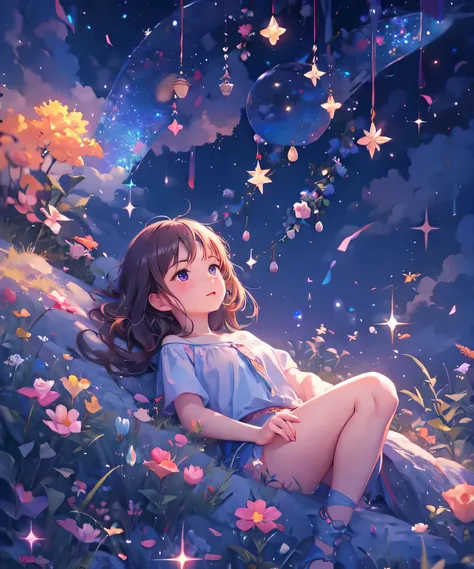 Describe a scene in which a cute girl character is lying on a grassy hill, Look up at the starry sky. Surround her with colorful nebulae and her favorite constellations.