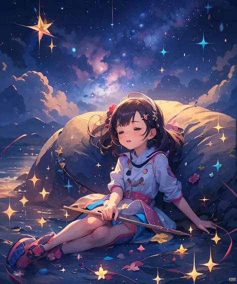 Describe a scene in which a cute girl character is lying on a grassy hill, Look up at the starry sky. Surround her with colorful nebulae and her favorite constellations.