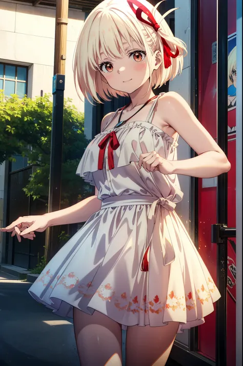 chisatonishikigi, Chisato Nishikigi, Short Hair, bangs, blonde,Bobcut, White hat(Red eyes:1.5),  Hair Ribbon,One side up,happy smile, smile, Open your mouth,smile,blush,Red sleeveless dress,White long skirt,Bare arms,Bare neck,Rocket Pendant,Cute Sandals,r...