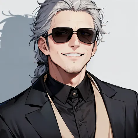 (best quality,highres,masterpiece:1.2),ultra-detailed,smiling man with gray hair,wearing black clothes and sunglasses