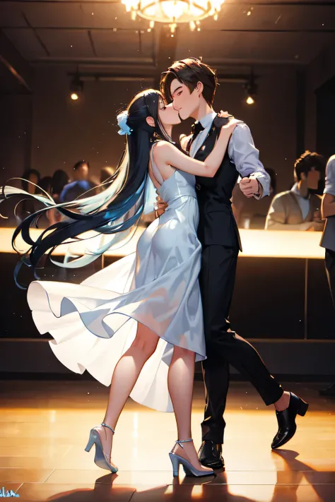 A girl with light blue long hair wearing a dress. On a date with a guy
In a dance club dancing
They kiss