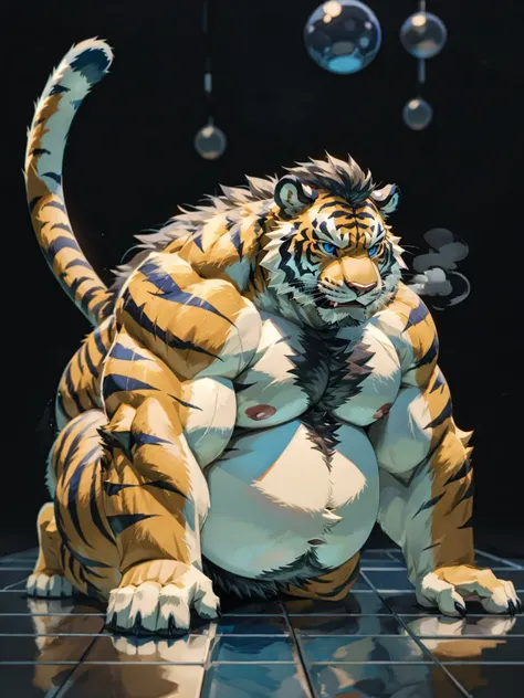 Very obese tiger、Wild ferocious tiger、Animal golden tiger body、Shaggy body hair、Silver shiny mane、Shaggy hair all over the body、Pointed tiger ears、Very short legs、A thick blue hose in his mouth、A very thick blue hose、Very long hose、Big blue anime eyes、A bo...