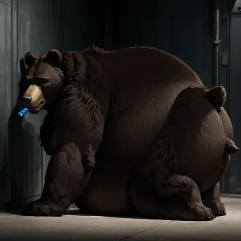 Very obese pitch black brown bear、Wild ferocious pitch black grizzly bear、Animal black bear body、Shaggy body hair、Full body bear fur、Pointed Brown Bear Ears、Very short legs、A thick blue hose in his mouth、A very thick blue hose、big anime style eyes、A body c...