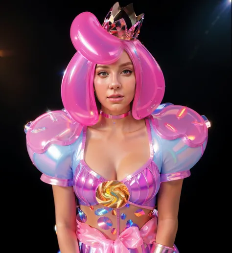 A queen made of candy, with pink icing, a crown, and two hands. She is wearing a pink dress and standing on a blue surface. outfit made of candies melting glossy. glossy texture, smooth 3d model, multiple light sources, rim light, sharp post effects render...