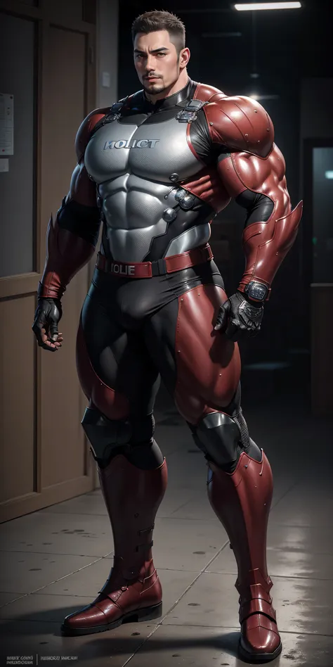 Tall giant muscular police officer，Wine red honeycomb pattern nano mecha，Honeycomb pattern，Lightweight texture，Character Concept（Resident Evil - Chris Redfield，Chris Redfield）senior police officer，Small grid texture，Regular symmetrical texture pattern，Sad ...