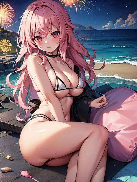 (masterpiece,highest quality, detailed), One girl, alone, Lying on the beach,Point your ass to the camera,Sea of night, Fireworks at night, whole body,bikini,Sweat, Ahegao, Roll your eyes, blush, naked、Pink Hair,Messy wavy long hair,open chest white shirt、...