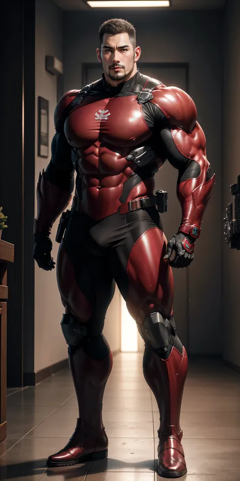 Tall giant muscular police officer，Wine red honeycomb pattern nano mecha，Honeycomb pattern，Lightweight texture，Character Concept（Resident Evil - Chris Redfield，Chris Redfield）senior police officer，Small grid texture，Regular symmetrical texture pattern，Sad ...