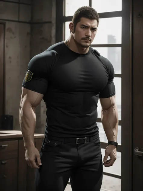 One Tall giant muscular police officer,He was angry,Messy hair,Thick thighs,There are scars on the face,Yellow and black T-shirt,very tight,Highlight muscles,Police uniform pants,character concept(Resident Evil - Chris Redfield,Chris Redfield)A proud expre...