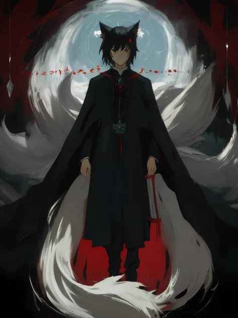 ((masterpiece, best quality)) kitsune, male, black long hair, handsome, slender, dark priest with balck and red cloack, fox ears...