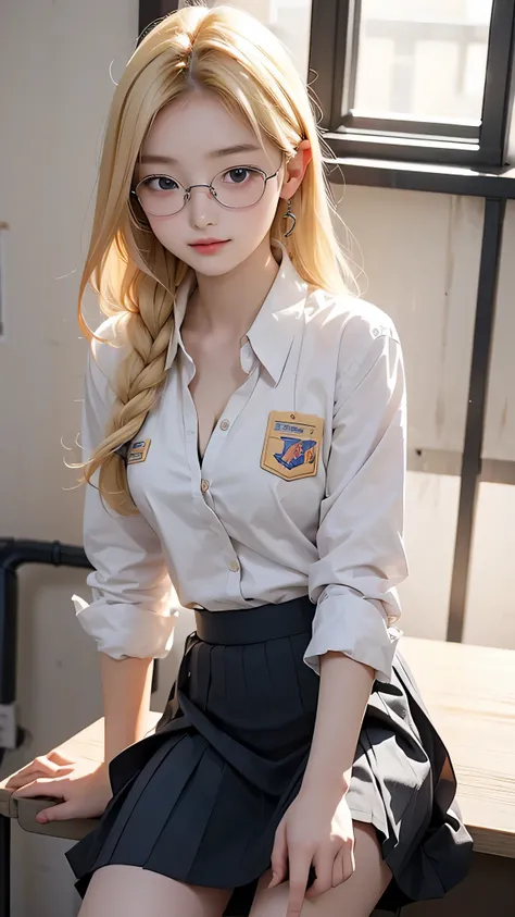 female１people、Female high school student、cute、uniform、shirt、mini skirt、Pleated skirt、(16 years old:1.4)、Glasses、(Blonde:1.2)、Straight Hair、Big Breasts、Cleavage、classroom