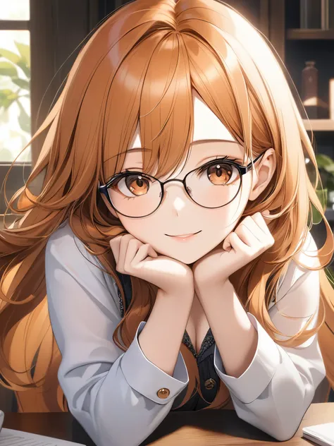 (masterpiece), (best quality),(ultra detailed),(extremely detailed),(absolutely resolution) ,absurdres,8k, cute and beautiful face, highly detailed face and eyes, 1girl, wearing glasses, smile, hands up,elbows on table, (long hair, orange hair, brown-eyes:...