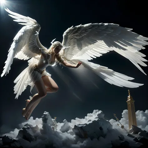 white bright glowing angel on black background, flying action pose, beautiful woman angel, ascending, very big wings, action pos...