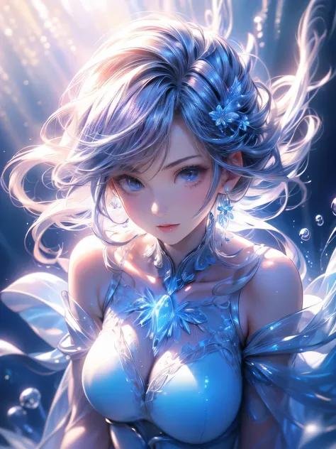 fullbody shot, (a girl wearing) a transparent dress resembling a jellyfish,(best quality,4k,8k,highres,masterpiece:1.2),ultra-detailed,ethereal lighting,flowing fabric effect,vivid colors,glowing jellyfish-like patterns,underwater scenery,cerulean blue ton...