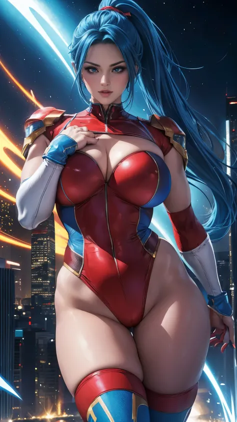 (best quality,4k,8k,highres,masterpiece:1.2),ultra-detailed,(realistic,photorealistic,photo-realistic:1.37), sexy superheroine, red, yellow, and silver outfit, cosmic powers, energy manipulation, vibrant and dynamic pose, shiny metallic textures, realistic...