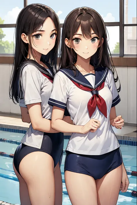 school swimming pool、two high school girls、seductive smile、school swimsuit、