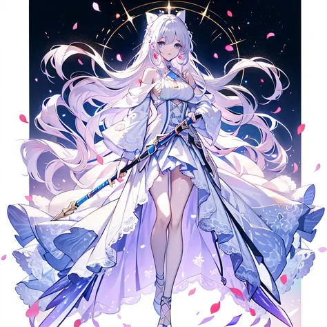 long wavy pale lavender and pale blue under the hairlines hair,two long wavy sides bangs behind, pale lavender eyelashes pale blue eyes color,long fluffy wavy hair, white bow tied behind her hair, wearing a white off-the-shoulder blouse and a cloak at her ...