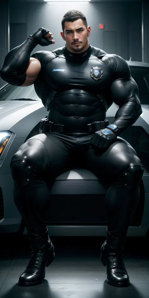 2 meters tall muscular police officer, Deep honeycomb mesh nano-mech, Honeycomb pattern, Lightweight texture, character concept（Resident Evil - Chris Redfield, Chris Redfield）senior police officer, He was sitting in a luxury police car., Regular symmetrica...