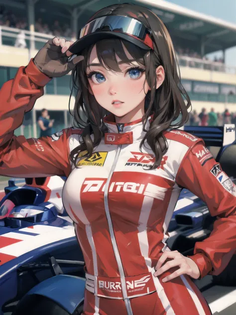 high quality,HD,16k,sharp lines,1 girl,Female f1racer athlete ,cute face, large breasts, nice legs,At the racing venue,focus girl,detailed beautiful face,detailed clothes,beautiful eyes,cool,dynamic angle