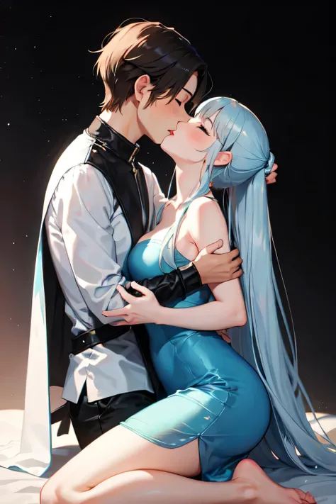 A girl (light blue long hair) kisses a guy