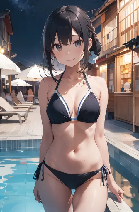 High resolution、Silver hair drawn in Japanese anime style、Silver Haired Girl、Red Bikini､Red Bikini、View of people on swim rings in an empty resort night pool。She is wearing a sexy bikini、Cocktail in hand。The pool is beautifully lit、The surroundings are qui...