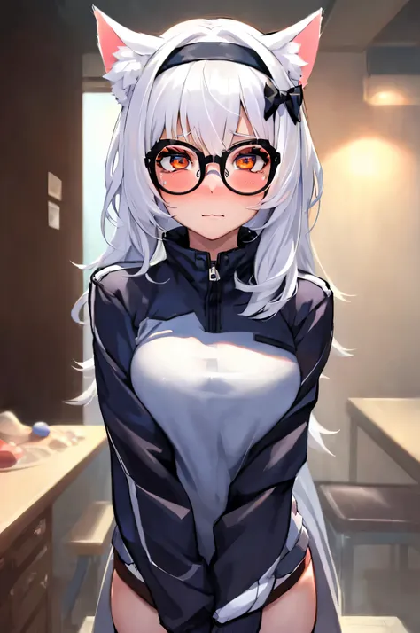 (best quality)), ((masterpiece)), (detailed), perfect face, white hair, cat ears, looking at the viewer, wearing a jacket, one girl, wearing glasses, blushing.