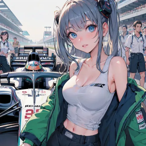 high quality,HD,16k,sharp lines,1 girl,Female f1racer athlete ,cute face, large breasts, nice legs,At the racing venue,focus girl,detailed beautiful face,detailed clothes,beautiful eyes,cool,dynamic angle