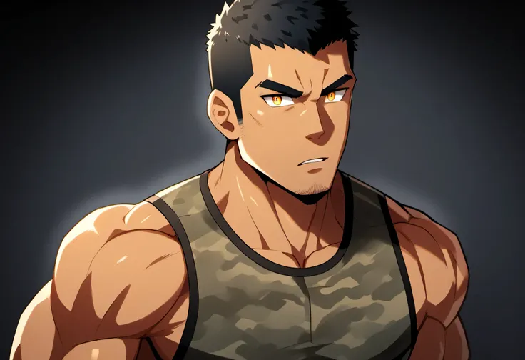anime characters:Gyee, Fitness coach, Chocolate skin, 1 muscular tough guy, Manliness, male focus, Camouflage sleeveless T-shirt, Very tight, Slightly transparent, muscular male, muscular, only, Upper body, alone, Black short hair, Thick eyebrows, stubble,...