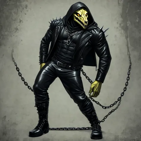 male humanoid scp-682, green scale perfect muscular reptile god body, reptile skull face, yellow reptile eyes, and wearing black leather jacket with hood and white metal spikes, black shirt, white metal chain necklace, black leather pants, and black boots