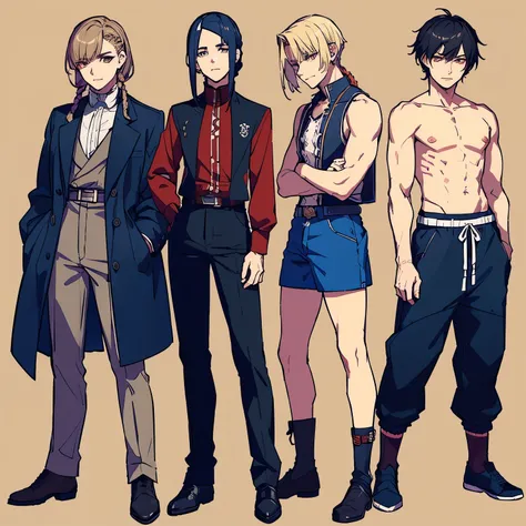 4 Jeunes hommes côte à côte dont un avec des dreads , the sconde with braids and the others with short hair modeled as tekken characters 