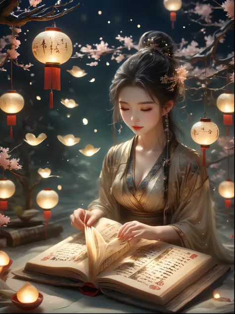 Three-dimensional ancient style,Romantic ancient style,Dark night shimmer,Elegant and simple,3 tiny people,Macro Photography,Suspension,Rolled up rice paper filled with calligraphy,High Angle Shot,Depth of Field,Bioluminescence,Chen Jia Leng,Quiet atmosphe...