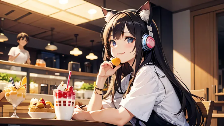 Beautiful girl with cat ears and headphones eating a fruit parfait、smile、Stylish cafe、Bright lighting