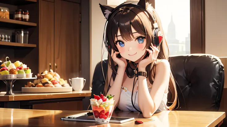 Beautiful girl with cat ears and headphones eating a fruit parfait、smile、Stylish cafe、Bright lighting