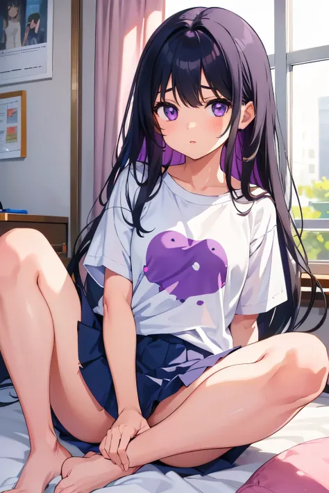 Girl&#39;s Room　8-year-old　Elementary school girl　Flat Chest　Black Hair　Long Hair　Purple Eyes　1 person　White T-shirt on upper body　Navy blue mini skirt　　（（White panties are visible））　Sitting　Dynamic Angle　Low - Angle