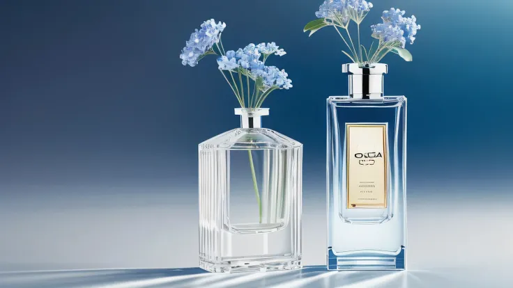 commerciaphotography, Minimalist, Odafoo perfume is surrounded by blue floral elements, In a soft-focus transactional style, Leica I,well-illuminated, larme kei, Transparency and brightness are the main perfumes, International brands, Depth of field, Blank...