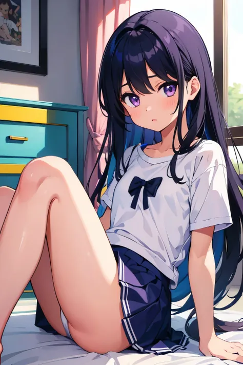 Girl&#39;s Room　8-year-old　Elementary school girl　Flat Chest　Black Hair　Long Hair　Purple Eyes　1 person　White T-shirt on upper body　Navy blue mini skirt　　（（White panties are visible））　Sitting　Dynamic Angle　Low - Angle