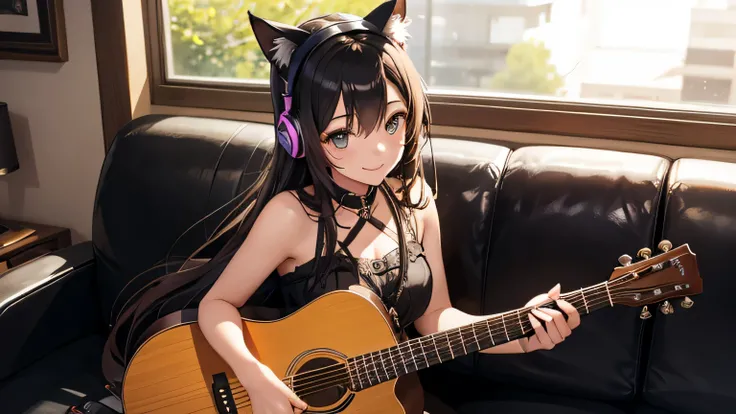 Beautiful girl with cat ears and headphones playing an acoustic guitar、Leather sofa、studio、indirect lighting、Mischievous Smile